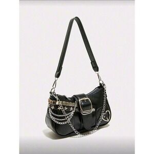 Black Shoulder Bag Star Chain daux leather Buckle Heart Charm Y2K Style